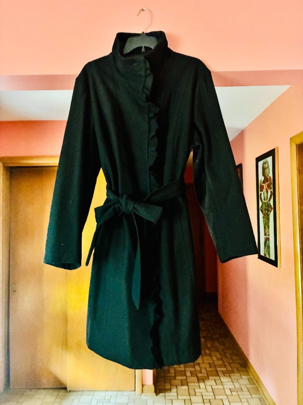 Avenue 14/16 Black Wool Blend Ruffle Belted Coat